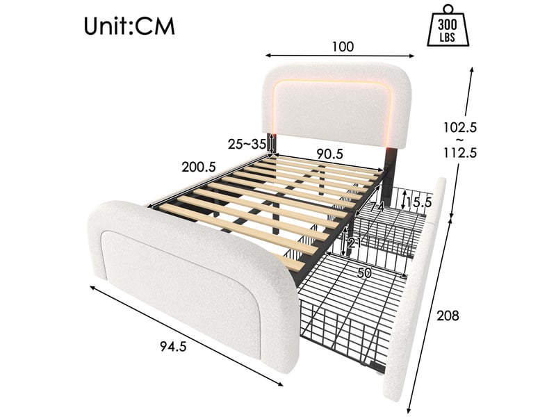  Lit simple 90x200 cm avec led, usbusb-c et 2 tiroirs en tissu sherpa blanc  - Conforama E