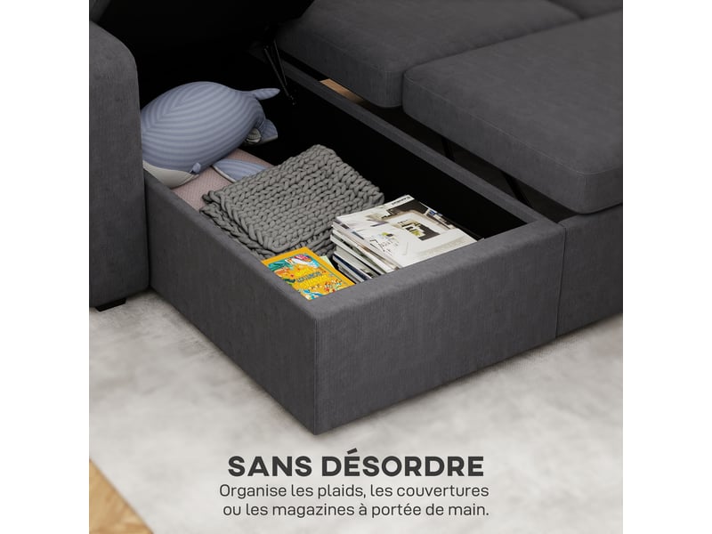  Canapé d'angle convertible en velours côtelé, canapé-lit 3 places avec rangement caché, coussins, gris, 205x135x76cm  - Conforama R