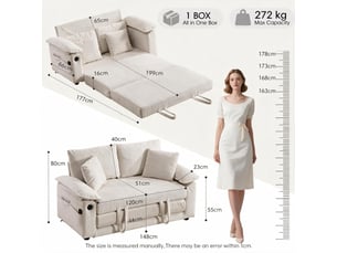 Lit canapé convertible 3 en 1 - 148x199 cm blanc - futon loveseat pliable avec poches latérales pour salon moderne et chambre