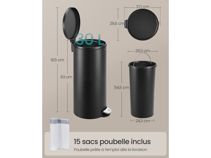  Poubelle ronde 30 l avec seau amovible et pédale de fermeture douce 29,5 x 37,1 x 63 cm en acier noir d'encre 12_0012074  - Conforama B