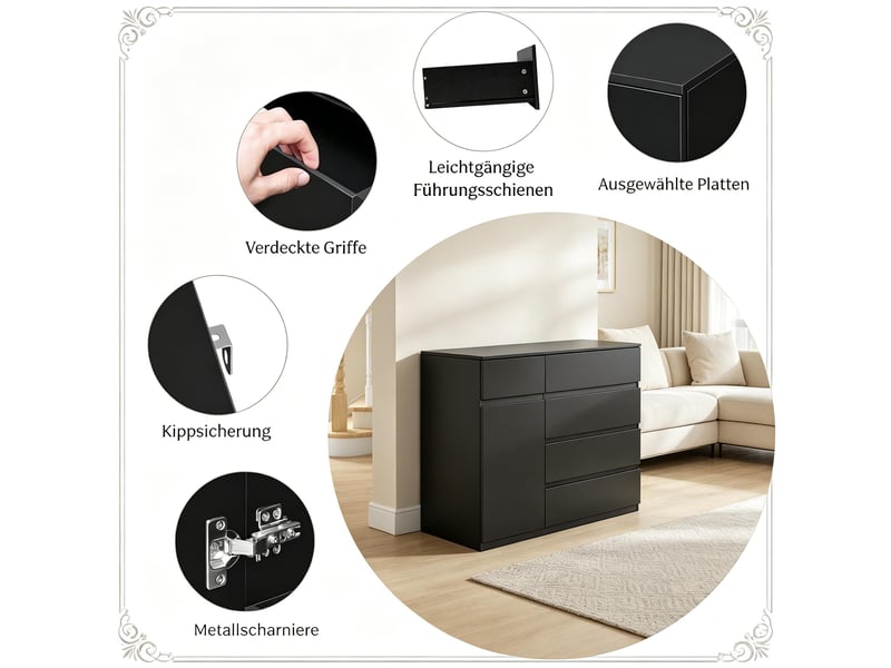 Commode 5 tiroirs avec compartiment et étagère réglable pour chambre en panneaux de particules 100×40×80 cm noire - Conforama C
