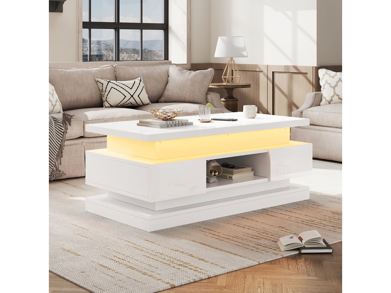  Table basse relevable 100x50x40 cm, table de salon blanche avec plateau brillant, 2 tiroirs et led  - Conforama E