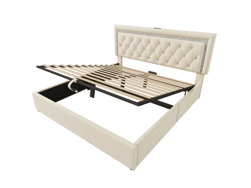  Lit coffre adulte 160x200 cm – beige – led, ports usb et type-c, rangement hydraulique, matelas inclus  - Conforama D