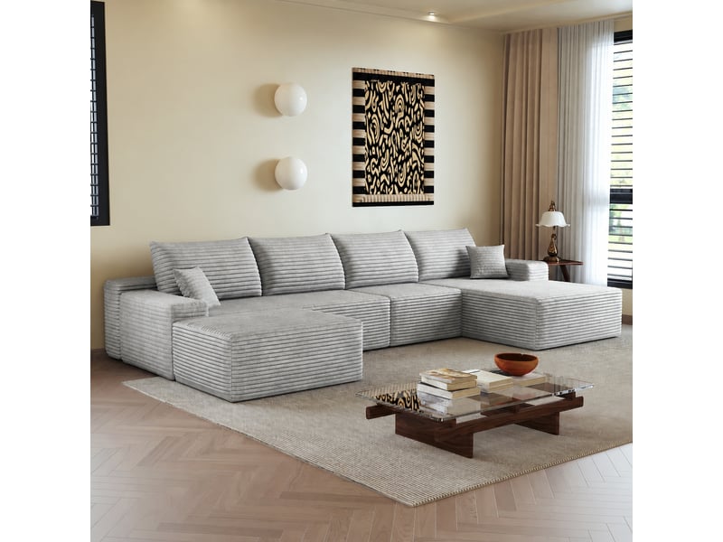  Canapé d'angle avec méridienne, modulable 5 places, assise profonde, 340 cm, gris  - Conforama D