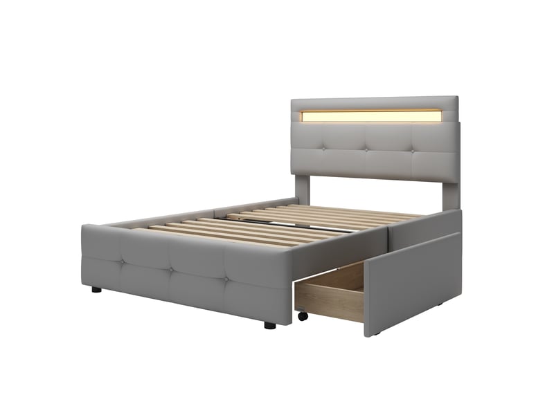 Lit simple 90x200 cm en tissu gris, led, 2 tiroirs de rangement, lit enfant et ado - Conforama D