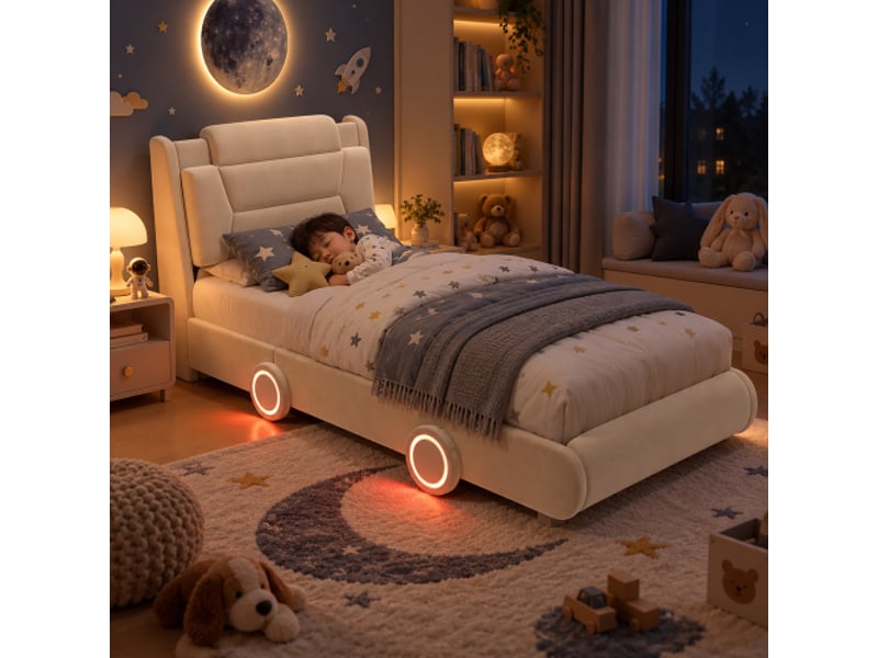  Lit rembourré - lit enfant capitonné 90x200 cm, voiture en velours blanc crème, tête de lit réglable 2 positions, roues lumineuses  - Conforama C