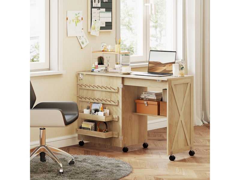 Table de couture pliable mobile 2 bacs 18 porte-bobines étagère naturel - Conforama D