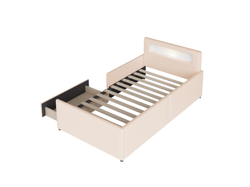 Lit enfant 90x200 cm avec led, tiroir, port usb, sommier, cuir artificiel beige, sans matelas - Conforama E