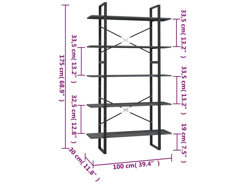  Bibliothèque à 5 niveaux, armoire à livres gris 100x30x175 cm bois de pin  - Conforama E