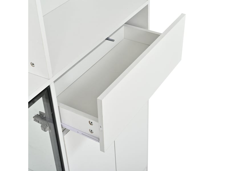  Vitrine 140 x 30 x 200 cm blanche en panneaux de particules, 7 portes, led bluetooth et rangement à vin  - Conforama E