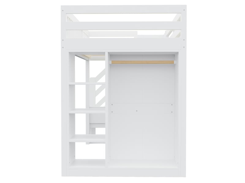 Lit mezzanine 90 x 200 cm blanc en bois, bureau avec led et prises, rangements et penderie ouverte intégrée - Conforama E