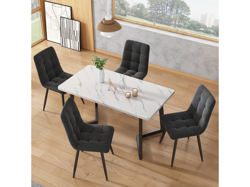  Lot de 4 chaises de salle à manger en velours gris – design moderne capitonné avec pieds en métal noir et protection des sols  - Conforama C