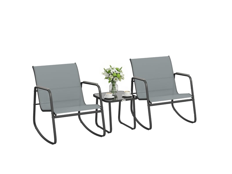  Ensemble de jardin 3 pièces avec 2 fauteuils à bascule, une table basse en verre et une structure en acier pour terrasse, gris  - Conforama A