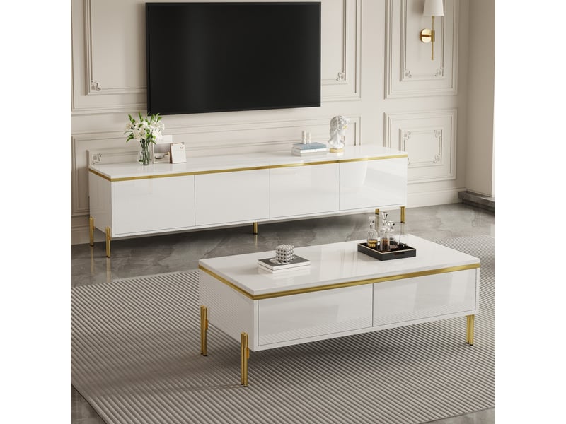  Ensemble meuble tv et table basse blanc 170x38x50 cm et 100x50x36 cm panneaux particules finition laquée rangement evarich - Conforama D