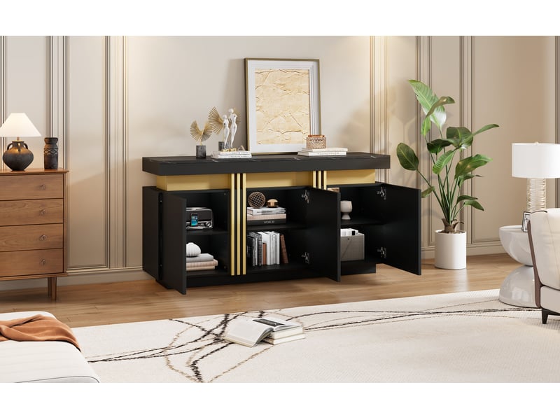  Buffet noir et doré 3 portes, meuble moderne effet marbre avec 6 compartiments réglables, 140 x 38 x 70 cm  - Conforama R
