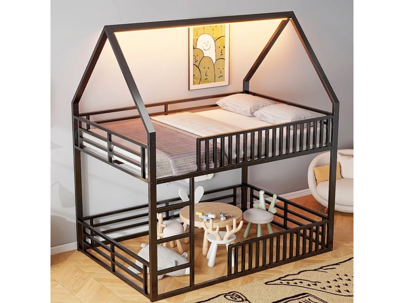  Lit cabane superposé 140x200 en métal avec led et barrière de sécurité, noir  - Conforama D