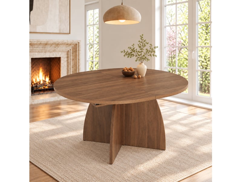 Table de salle à manger extensible pour 4 à 8 personnes, angles arrondis, style moderne, en mdf, coloris noyer - Conforama E