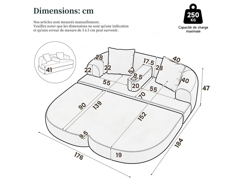  Canapé lounge 2 places modenvie convertible en espace détente en velours côtelé beige clair, accoudoir central amovible avec porte-gobelet, 184 x 176 x 47 cm  - Conforama C