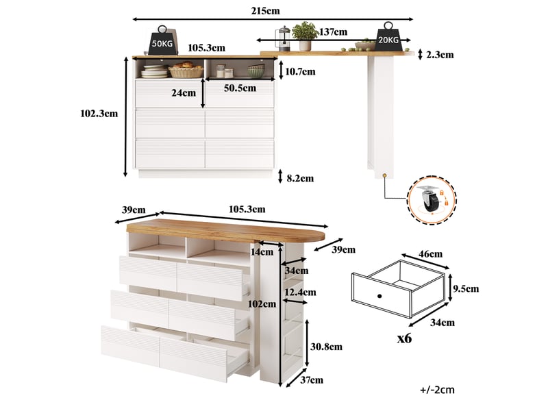  Table bar extensible 137-215 x 39 x 102,3 cm, 6 tiroirs rangement grande capacité stable montage facile cuisine îlot bar bistrot, mdf, blanc evarich - Conforama C