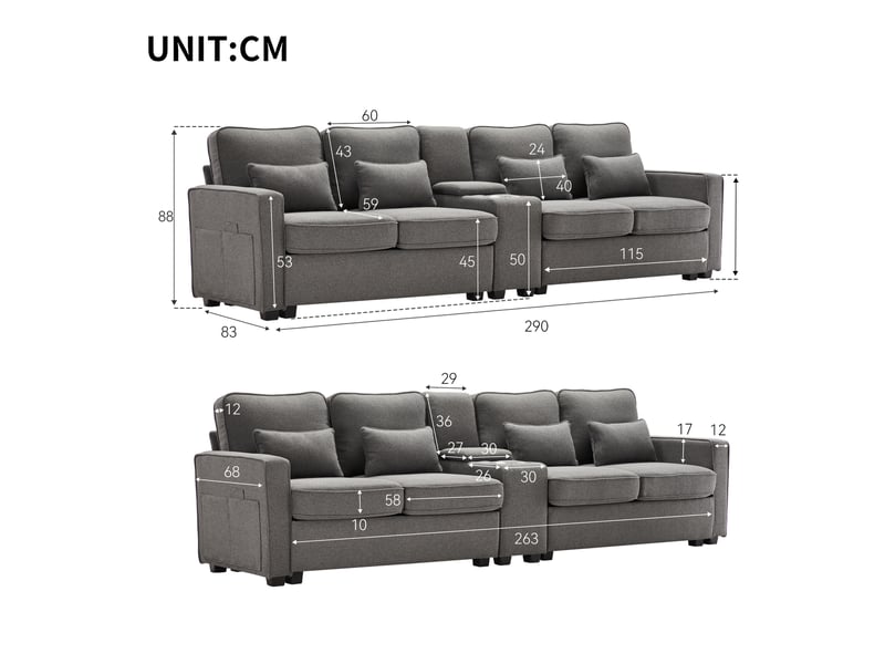 Canapé droit 4 places gris foncé en tissu avec console, usb, 2 porte-gobelets et rangements intégrés pour le salon  - Conforama C
