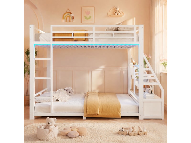 Lit superposé 90x200 cm par couchage avec led et 2 tiroirs en tissu blanc - Conforama D