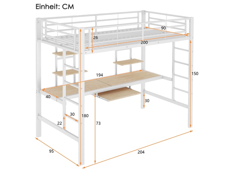  Lit mezzanine 90x200 cm avec bureau et 2 étagères blanc  - Conforama C