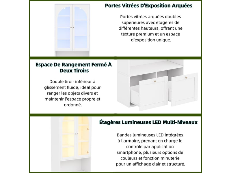  Vitrine led 80 x 35 x 180 cm, portes vitrées cintrées, tiroirs, bibliothèque et grand rangement pour collections et salon, moderne, blanc ABC - Conforama D