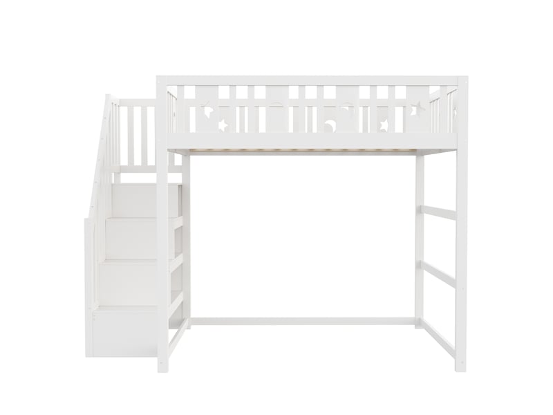  Lit superposé enfant avec escalier, bois massif blanc, 140x200 cm, barrières et déco étoiles-lune  - Conforama A