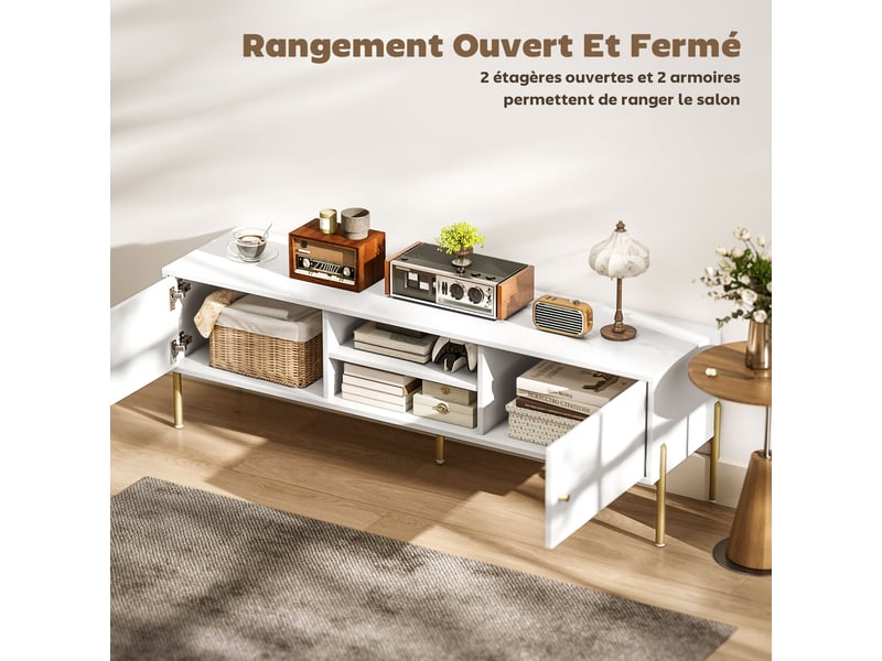  Meuble tv 2 portes 2 compartiments ouverts pieds en acier blanc 140 x 38 x 45,9 cm  - Conforama E