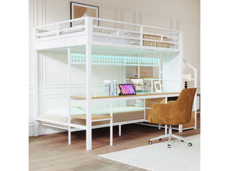  Lit mezzanine métallique 140*200 et 90*200 cm blanc, bureau, led, prises et rangements.  - Conforama E