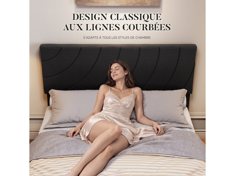  Lit double 140x200 cm avec sommier à lattes, cadre de lit rembourré, pieds antidérapants, tête de lit réglable, noir  - Conforama D