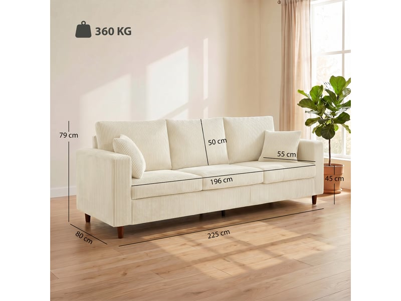  Canapé 3 places en velours côtelé, canapé de salon moderne 225 cm, assise large, coussin à ressorts, crème  - Conforama C