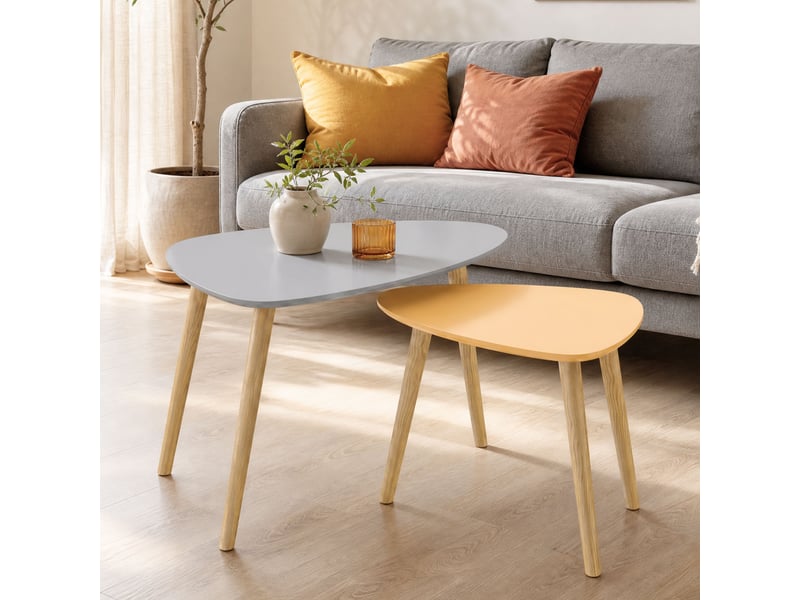  Lot de 2 tables basses gigognes design scandinave forme triangle de reuleaux bois mdf jaune orangé gris  - Conforama E
