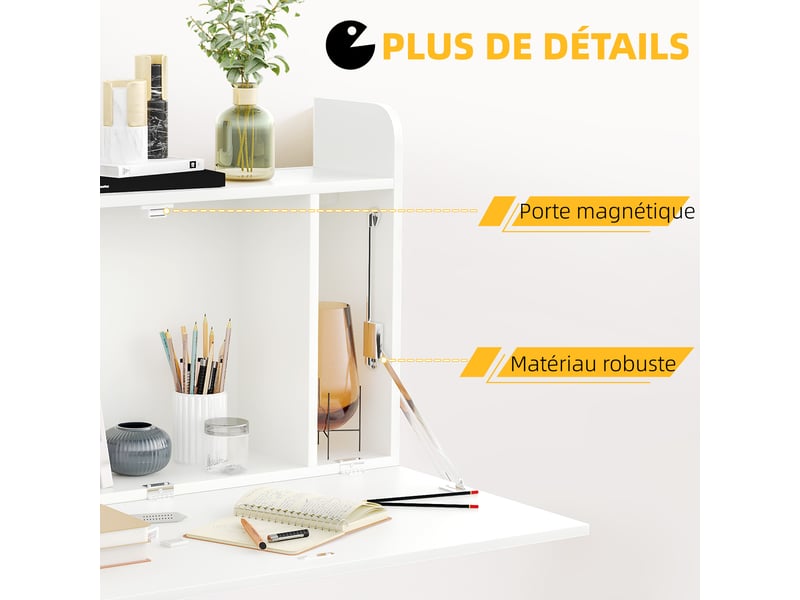  Bureau suspendu table murale table d'ordinateur murale et tablette rabattable 77 x 20 x 51 cm - avec rangements  - Conforama R