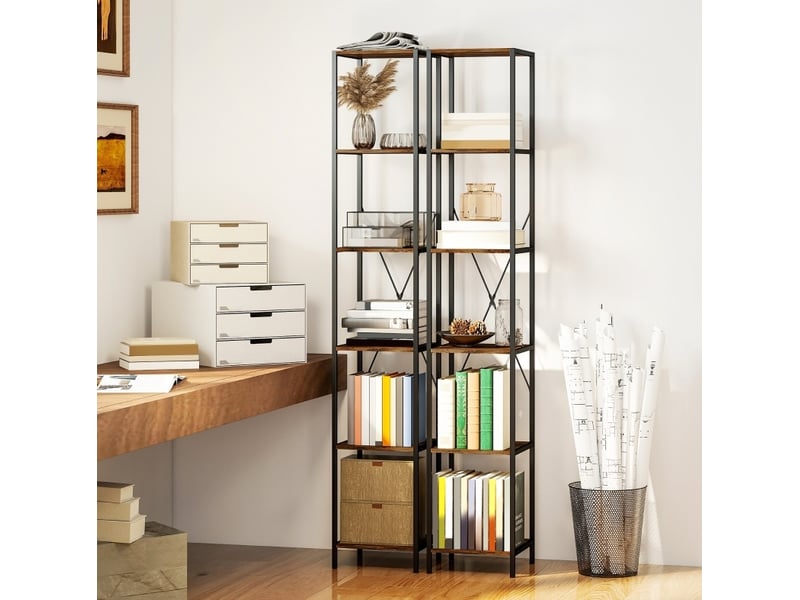  Bibliothèque lot de 2 avec 6 étagères, cadre acier et croisillons, pour salon, bureau et chambre, marron rustique  - Conforama B
