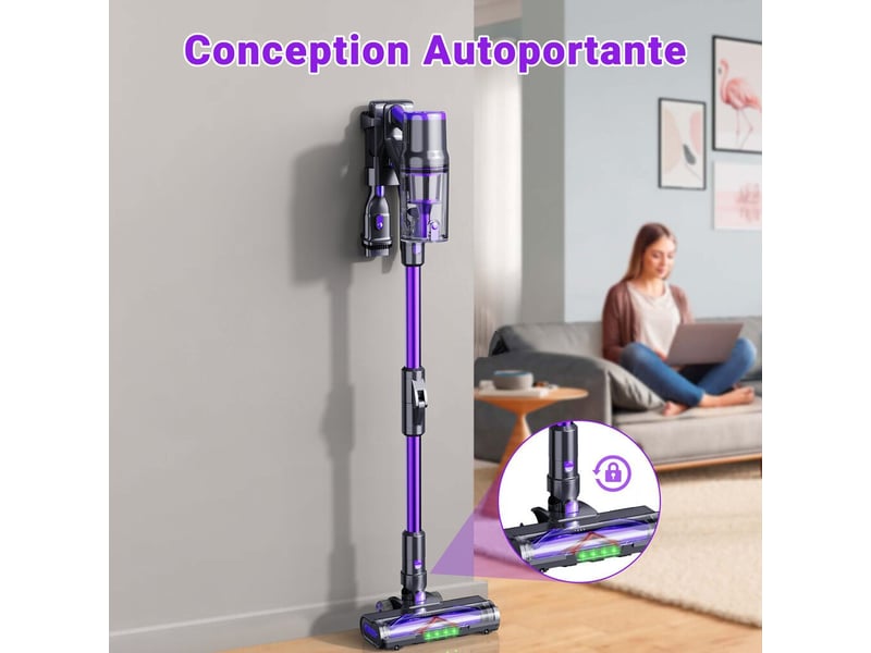  Aspirateur balai blossom dsv112a-sans fil pliable-253555kpa 65min-écran led-lampe vert anti-poussière cachée-violet  - Conforama E