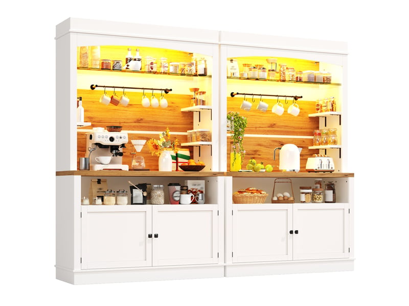  2pcs buffet haut de cuisine-armoire haute led étagère verre 6 crochets-apprangement fermé-étagères réglables mdf-107x34x184cm-blanc  - Conforama A