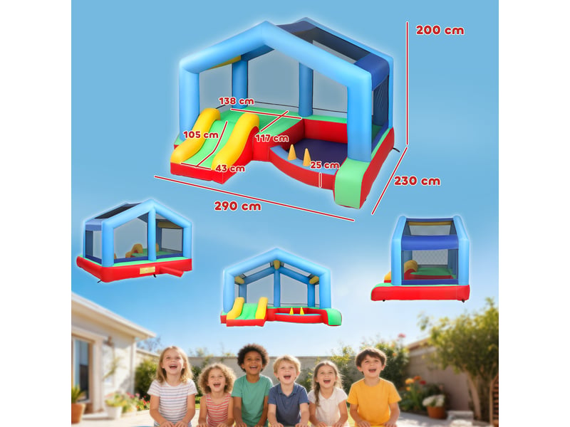  Château gonflable 4 en 1, aire de jeux avec souffleur, toboggan, piscine à balles, jeu de lancer d'anneaux, multicolore  - Conforama E