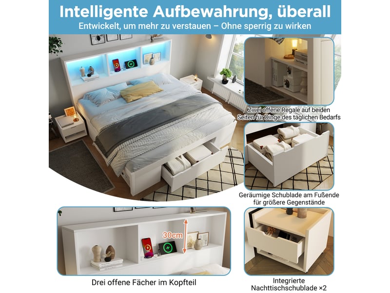  Lit double 140x190 cm avec éclairage led et port usb-c, blanc, lit coffre avec tiroirs et étagères et table de chevet amovible  - Conforama E