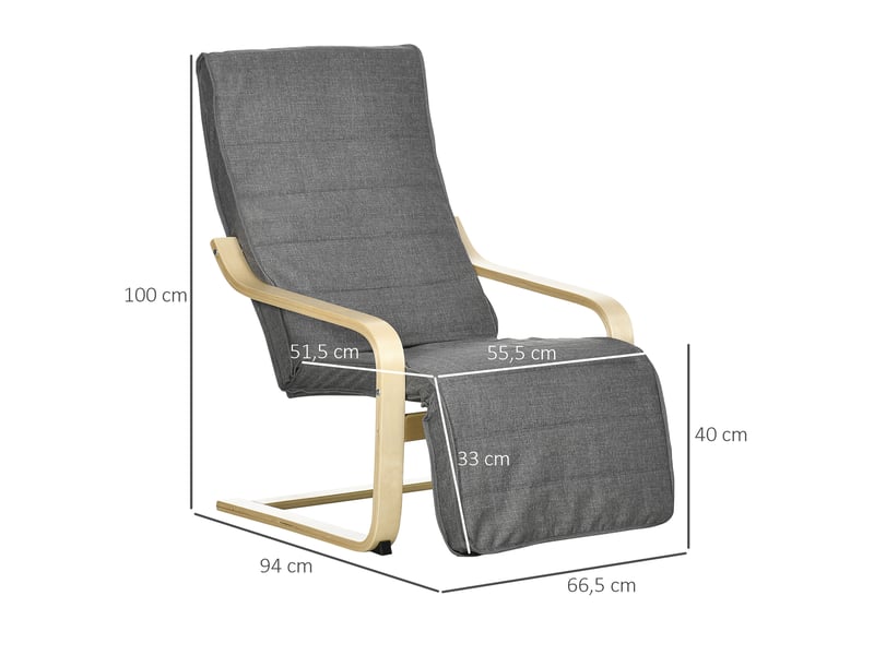  Fauteuil de relaxation avec repose-pieds, bois massif de bouleau, 94x66.5x100cm, gris  - Conforama E