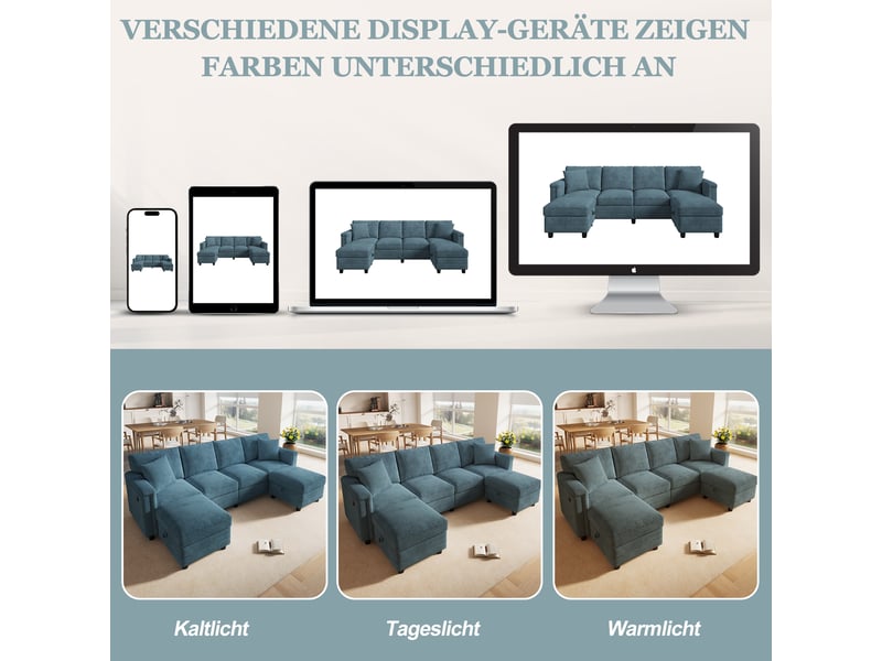 Canapé modulable,261x134x82 cm,4 places avec rangement,chenille,bleu - Conforama E
