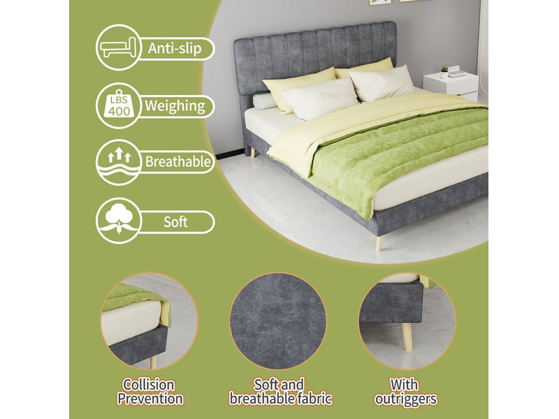 Lit rembourré 160 × 200 cm 2 places avec tête de lit douce, sans matelas, en tissu gris, structure métal  - Conforama E