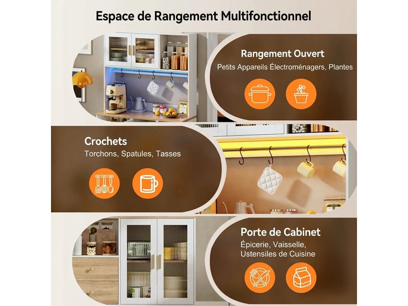  Buffet de cuisine haut 178 cm blanc et effet bois, avec éclairage led et prise  - Conforama E
