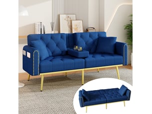 Canapé droit convertible 2 places en velours bleu, dossier réglable 3 positions avec porte-gobelets rangement latéral