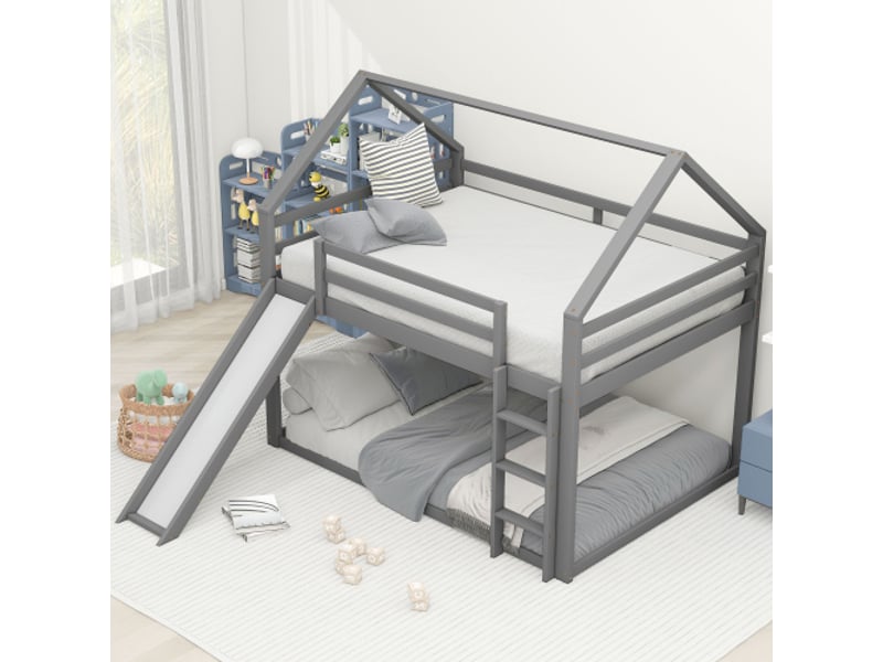 Lit superposé enfant 140x200 avec toboggan et échelle, en pin, charge de 150 kg, protection antichute, gris, sans matelas - Conforama B