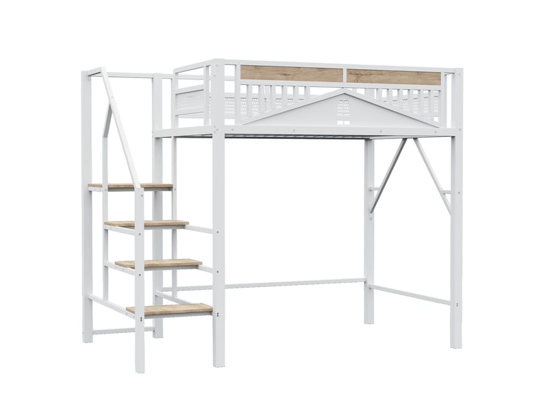  Lit mezzanine 140x200 cm avec échelle de sécurité et espace de rangement, blanc  - Conforama E