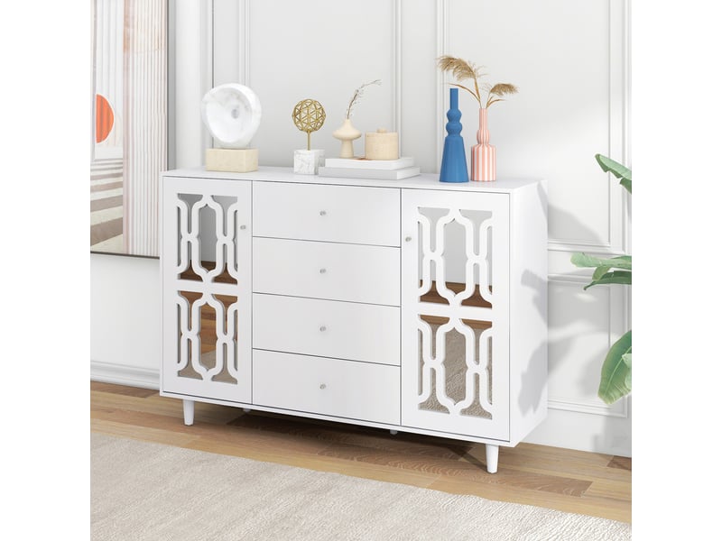  Buffet haut blanc avec 2 portes miroir et 4 tiroirs  - Conforama D