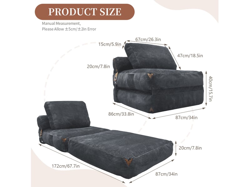  Fauteuil pouf convertible 1 place pliable avec rangement intégré et franges en flanelle gris 87 × 86 × 40 cm  - Conforama C