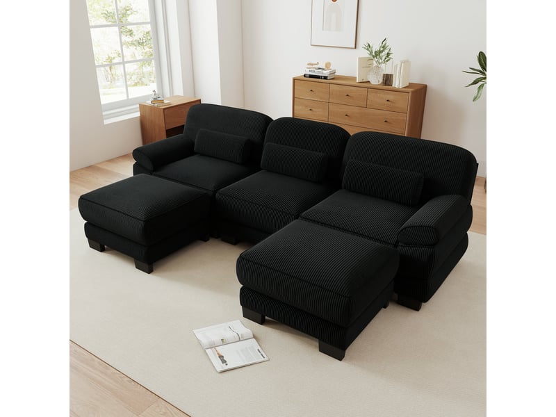  Canapé modulable en u 3 places 265x 161x 94 cm, 2 poufs, assise profonde, coussins lombaires, velours côtelé, noir  - Conforama R