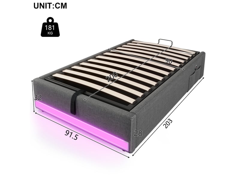 Lit 90 x 200 cm avec rangement hydraulique, led, usb et type-c gris - Conforama E